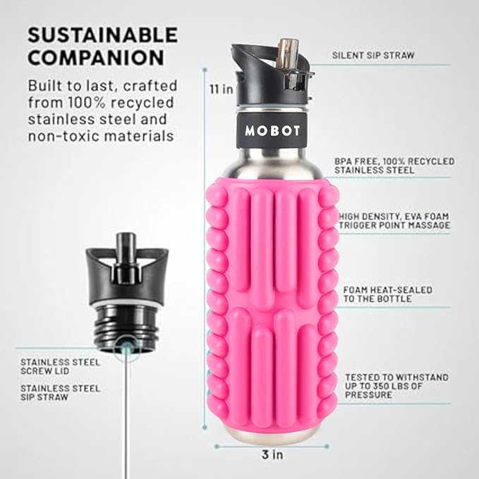 MOBOT Portable Travel Foam Roller Water Bottle with Sip Straw, Stainless Steel Screw Lid | Insulated Sports Water Bottle and Foam Rollers for Yoga, Workout, Home Gym, & Exercise 27oz. (Pink)