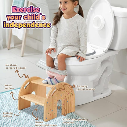 Wooden 2 Toddler Step Stool for Kids Portable Wooden Kids Step Stool with Handles for Bathroom Kitchen Toilet Potty Training