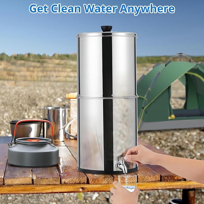 Stainless Steel Gravity Fed Water Filter System, 2.25G Capacity, Includes 2 Filters and Stand, Ideal for Home, Camping, RV, Fishing, Reduces 99% Chlorine