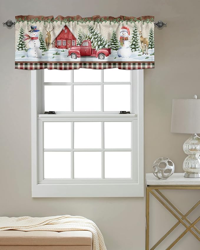 Vandarllin Christmas Farmhouse Kitchen Curtains Valances for Windows Snowman Farm Red Truck Rod Pocket Window Treatment for Kitchen/Living Room/Bedroom/Bathroom,42" X 18" -1 Panel, Winter Holiday