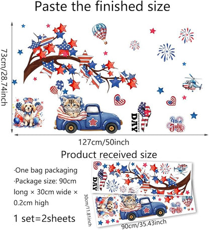 America Independence Day Wall Stickers for Wall Decor 2 Large Sheets 4th of July Wall Decals Removable Fireworks Animal Flag Star Window Decals Patriotic Memorial Day Stickers for Kitchen Home Decor