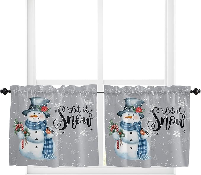 Vandarllin Snowman Christmas Kitchen Curtains and Valances Set, Let It Snow Winter Holiday Windows Treatments Tiers Half/Short Curtains for Small Windows Cafe/Living Room/Bedroom 54x24 in Grey White