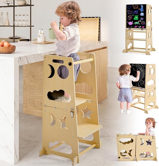 Toddler Step Stool Kitchen Stool Helper, 3 in 1 Toddler Standing Tower Collapsible Kids Step Stool for Bathroom, Montessori Kids Stool, Child Standing Tower for Toddlers with Chalkboard & Safety Rail