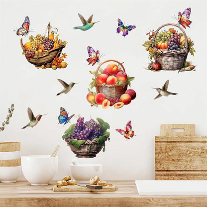 Colorful Fruits Basket Butterfly Hummingbirds Wall Stickers, sacinora Grapes Peaches Pumpkin DIY Wall Decals Removable Vinyl Peel and Stick for Kitchen Living Room Bedroom Art Home Decorations