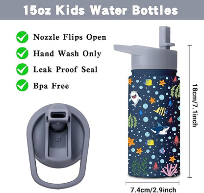 15oz Ocean Shark Insulated Stainless Steel Water Bottle With Straw & Brush,Christmas Birthday Gifts for School Shark, Sea Life - Hand Wash Only