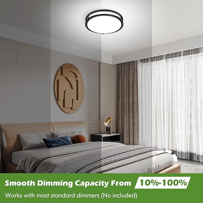 12 Inch Flush Mount Ceiling Lights, 36W 3000LM Black Dimmable Light Fixtures Ceiling Mount, 3000K-5000K Selectable Modern Kitchen Light Fixtures for Stairwell, Balcony, Corridor, Laundry (2-Pack)