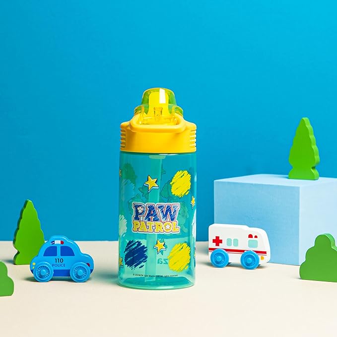 Zak Designs Sage PAW Patrol Water Bottle For School or Travel, 16oz Durable Plastic Water Bottle With Straw, Handle, and Leak-Proof, Pop-Up Spout Cover (Chase, Marshall, Skye, Rubble, Everest)