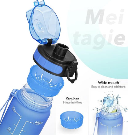 1L/750ml Motivational Water Bottle with Time Marker, Leak-proof BPA Free Drink Bottle with Fruit Strainer or straw, Perfect for Fitness, Gym and Outdoor Sports