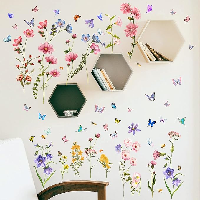 Colorful Flower Wall Stickers with Butterfly and Bee 88 Pcs Removable Flower Wall Decals DIY Peel and Stick Art Wall Decor Mural for Nursery Baby Kids Bedroom Living Room Kitchen Home Decoration