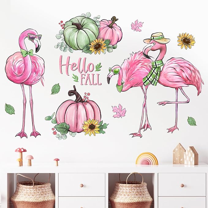 Mfault Hello Fall Flamingo Wall Decals Stickers, Autumn Pink Green Pumpkin Decorations Bedroom Art, Seasonal Sunflower Home Kitchen Living Room Decor