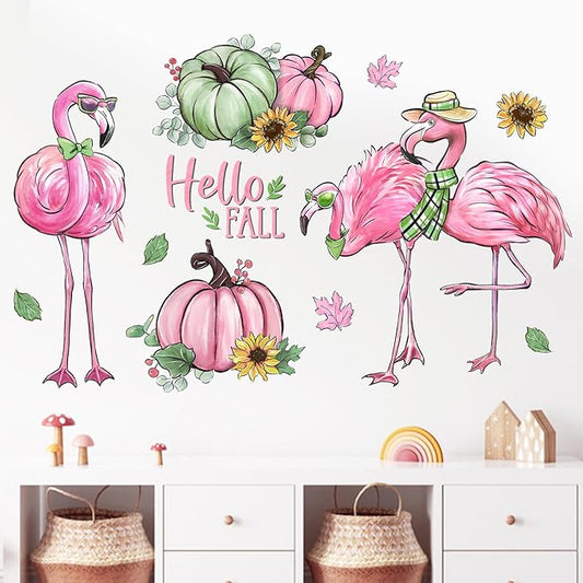 Mfault Hello Fall Flamingo Wall Decals Stickers, Autumn Pink Green Pumpkin Decorations Bedroom Art, Seasonal Sunflower Home Kitchen Living Room Decor