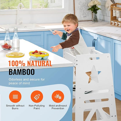 VEVOR Bamboo Tower Step Stool for Kids and Toddlers, 3-Level Height Adjustable Bamboo Toddler Kitchen Step Stool, 350LBS Loading Tower Stool with Safety Rail for Kitchen Counter Bathroom, White