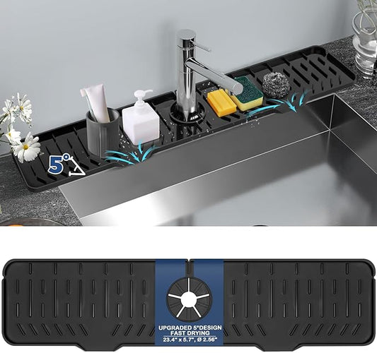 24" Kitchen Sink Faucet Splash Guard Plus Size Silicone Sink Faucet Drying Mat Faucet Handle Drip Catcher Tray Dish Sponge Holder Kitchen Sink Accessories Protector Home Organization Gadgets Organizer