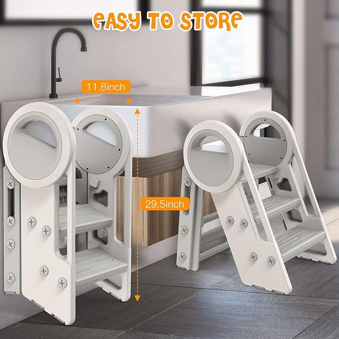 3 Step stools for Kids, Toddler Tower, Toddler Step Stool for Bathroom Sink, Kitchen Counter Helper, Toilet Potty Training, with Safety Handles and Non-Slip Desgin (Grey-White)