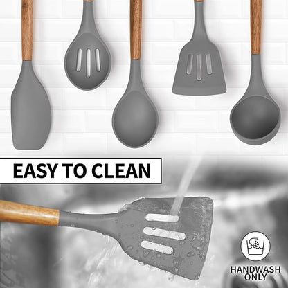 Zulay Kitchen Utensils Set Non-Stick Silicone Cooking Utensils Set with Authentic Acacia Wood Handles - 5 Piece Silicone Utensil Set - Silicone Kitchen Utensils Set with 464°F Heat Resistance - Gray