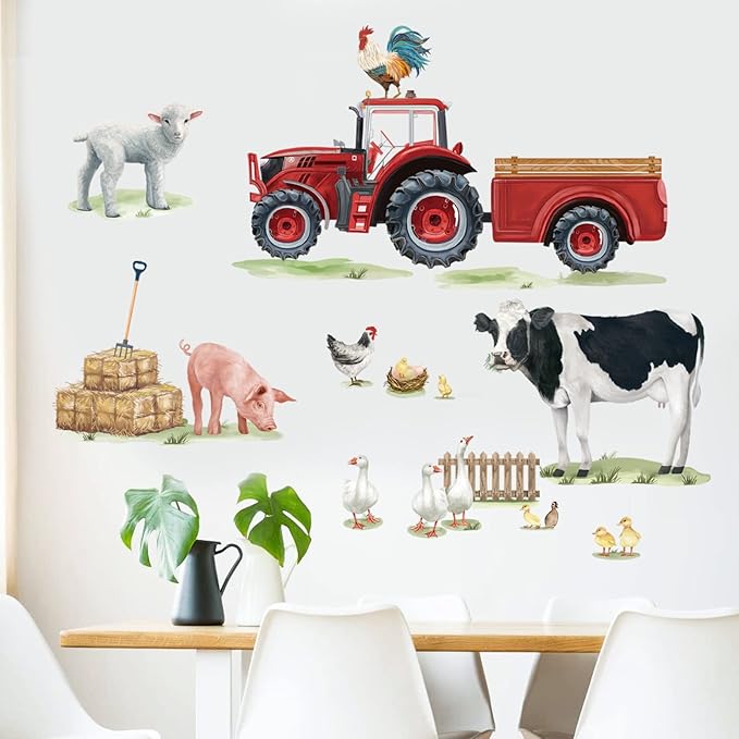 wondever Farm Animals Cow Wall Stickers Farmhouse Truck Roosters Peel and Stick Wall Art Decals for Kitchen Living Room Kids Room