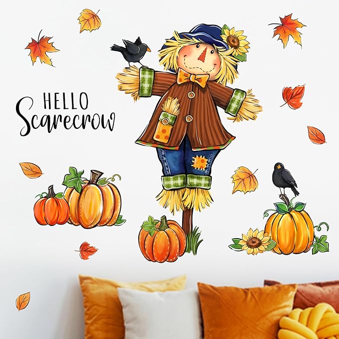 Mfault Fall Hello Scarecrow Wall Decals Stickers, Autumn Pumpkin Maple Leaves Farmhouse Decorations Bedroom Art, Thanksgiving Crow Sunflower Seasonal Home Kitchen Decor