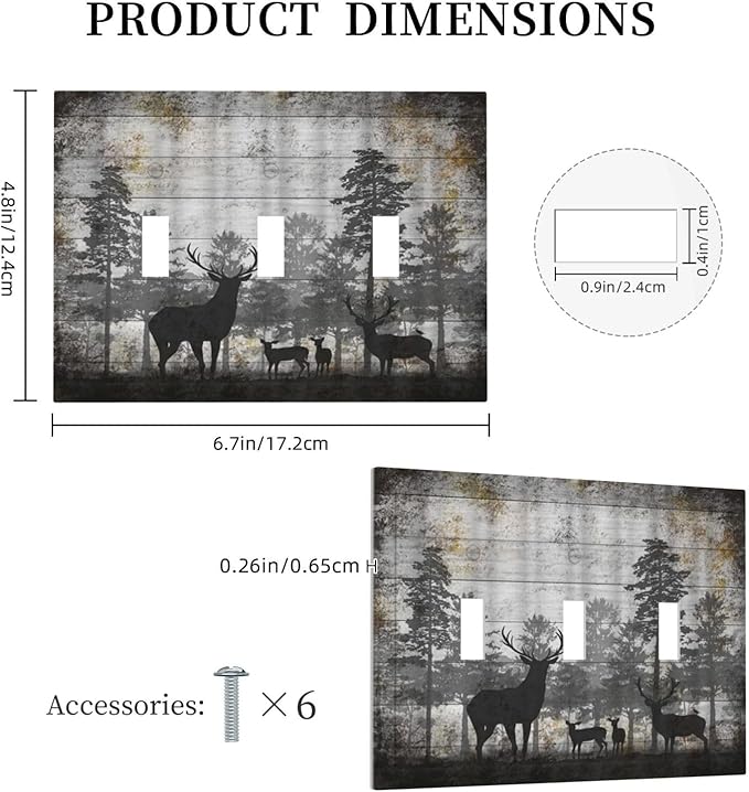 Rustic Deer Forest Vintage Wood Board 3 Gang Boho Light Switch Covers Decorative Country Unique Triple Toggle Wall Plate Electrical Faceplate Switchplate for Farmhouse Bedroom Home Decor