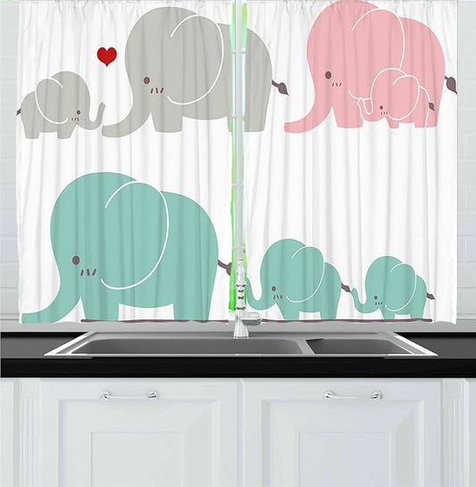 Ambesonne Nursery Kitchen Curtains, Family Love Theme Elephants Mother's Day Theme Baby Children, Window Drapes 2 Panel Set for Kitchen Cafe Decor, 55" x 36", Seafoam Pink