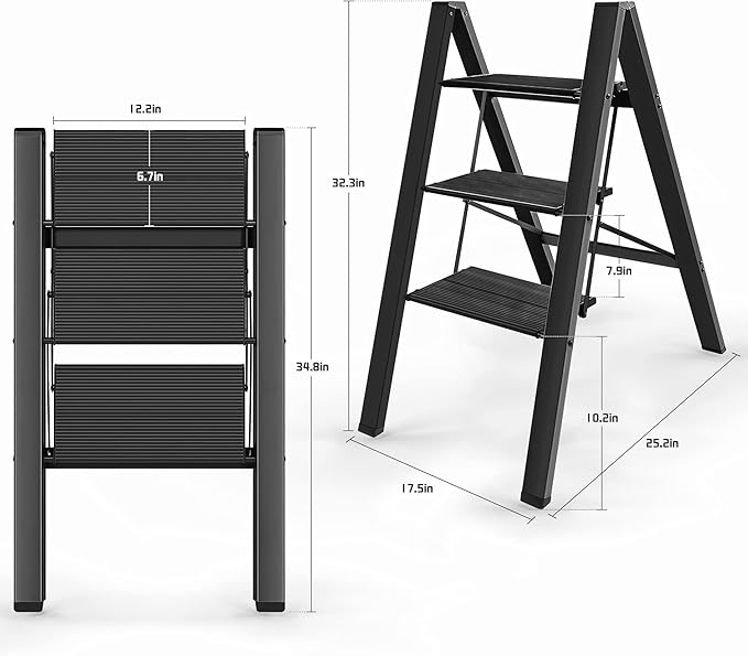 3 Step Ladder, Aluminum Folding Step Stool with Anti-Slip and Wide Pedal, for Library, Kitchen, Office, 330 lbs Capacity, Black