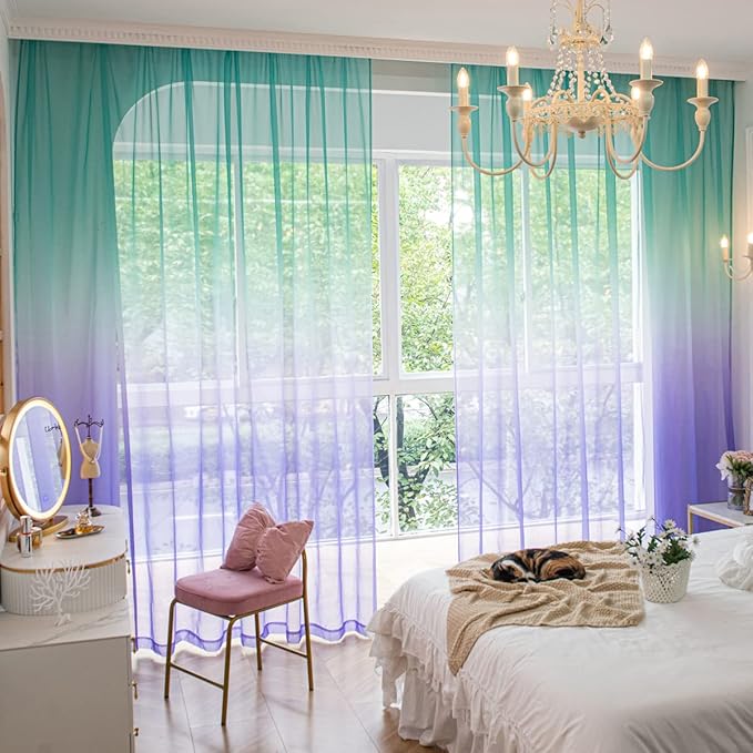 Windows Gradient Sheer Curtains 63 Inches Length 2 Panels Voile Light Filtering Sheer Curtains Panel Basic Rod Pocket for Bedroom Living Room Children Room Kitchen Yard