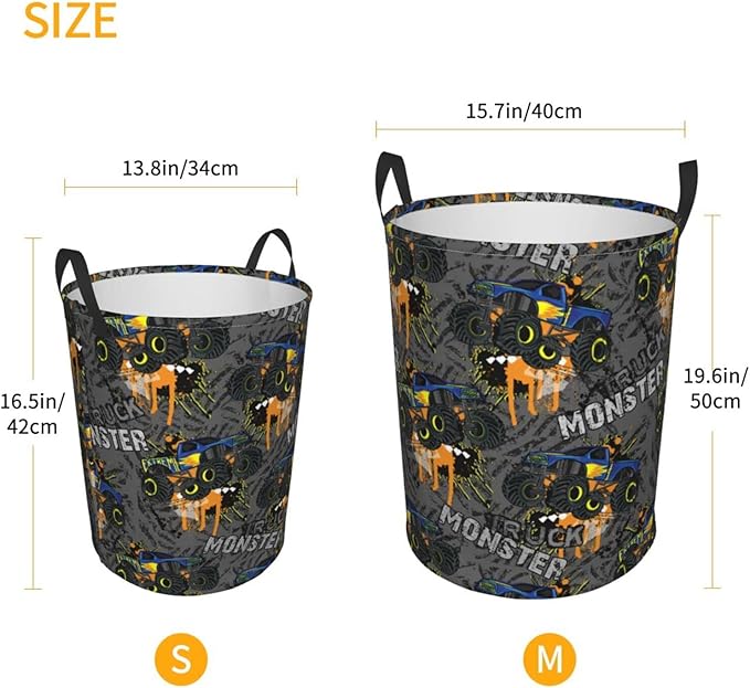 Monster Trucks Car Pattern Round Laundry Hamper Storage Basket Toys Clothes Organizer Bin For Home Bathroom Bedroom Dorm Nursery, 62l