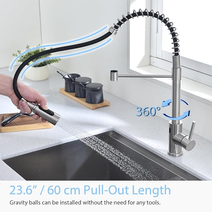 Touchless Kitchen Faucet with Pull Down Sprayer, Brushed Nickel Sensor Commercial Pull-Down Kitchen Sink Faucet, 1 Hole Single Handle Brass Stainless Steel Material