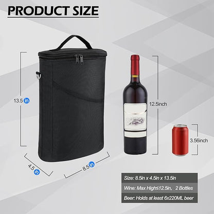 2 Bottle Wine Cooler Bag, Leakproof Insulated Padded Wine Gift Tote Carrier with Handle and Adjustable Shoulder Strap, for Travel, Wine Tasting, Party, Christmas Gift for Wine Lover - Black