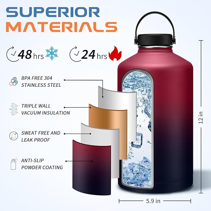 128 oz Insulated Water-Bottle with Strap, Keep Cold-48H Hot-24H, Gallon Water Jug with Straw Lid & Flex Cap, Paracord Handle, Carrier Bag with Strap, 1 Gallon Metal Water Flask for Travel Camping