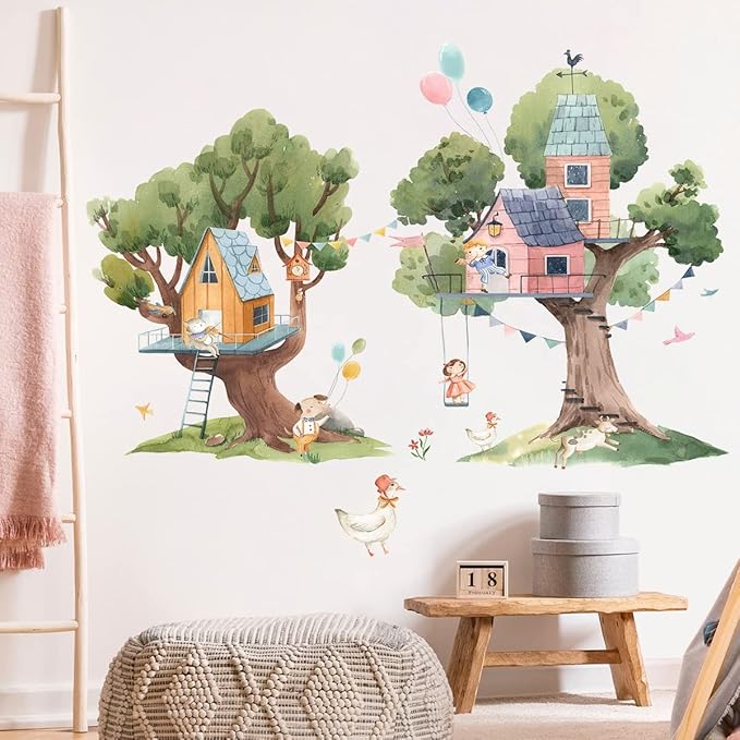 2 PCS Cartoon Tree Wall Stickers House Wall Decals DIY Removable 3D Forest Wall Stickers for Kids Girls Boys Bedroom Nursery Classroom Bathroom Kitchen Playroom Living Room Home Decoration (B)