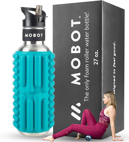 MOBOT Portable Travel Foam Roller Water Bottle with Sip Straw, Stainless Steel Screw Lid | Insulated Sports Water Bottle and Foam Rollers for Yoga, Workout, Home Gym, & Exercise 27oz. (Aqua)