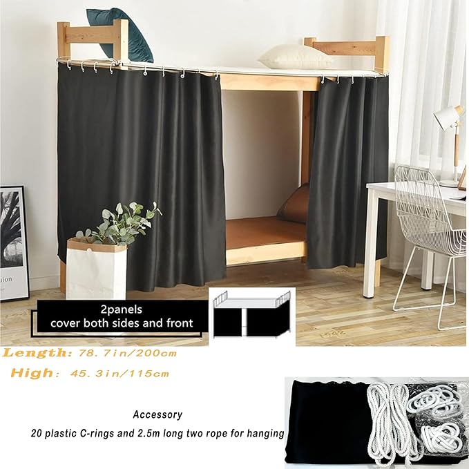 Dorm Home Solid Thicken Bunk Blackout Bed Curtains Cloth Bed Canopy Students Single Sleeper (Black, 2 Panels)