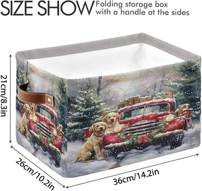 Christmas Truck Golden Retriever Storage Basket Fabric Kitchen Baskets Winter Car Dogs Xmas Tree Open Home Storage Bins Boxes Foldable Organizer Bag for Book Shelf Closet Baskets 16×12×8 Inches