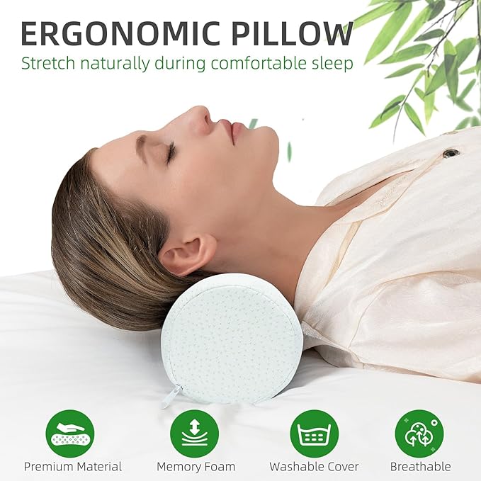 2 Pack Cervical Neck Pillow Roll Memory Foam Support Round Pillows for Pain Relief Sleeping, Bed, Legs, Back and Yoga White 17 x 4.5 Inches