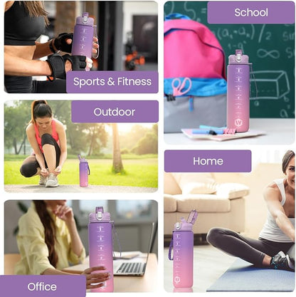 1L Water Bottle with Straw - Leak-Proof & BPA Free Reusable Sports Bottle - Motivational Time Markings for Hydration Durable Drink Bottle for Gym, Sports, Outdoor (Purple and Pink)