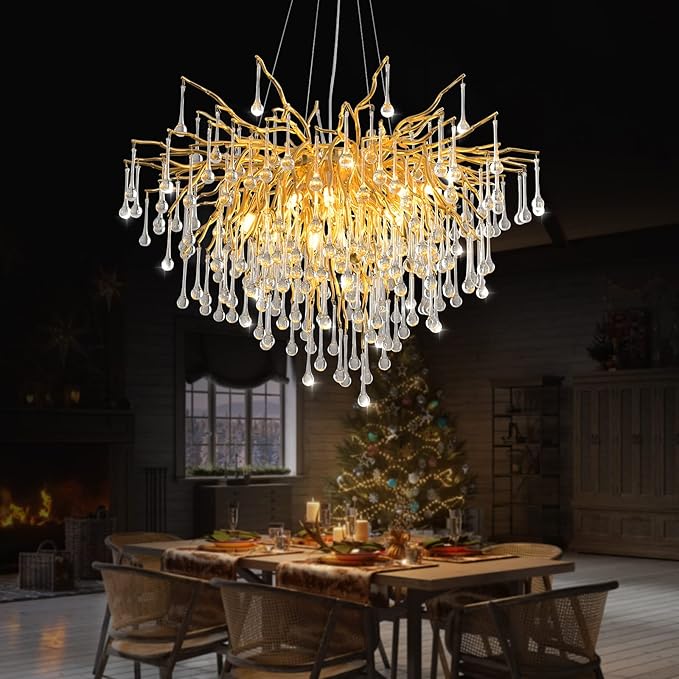 24 Inch Gold Chandelier,Modern Crystal Chandeliers for Dining Room,Round Branch Chandelier,Mini Ceiling Pendant Hanging Light Fixtures for Living Room,Bedrooms,Kitchen Island 8-Light