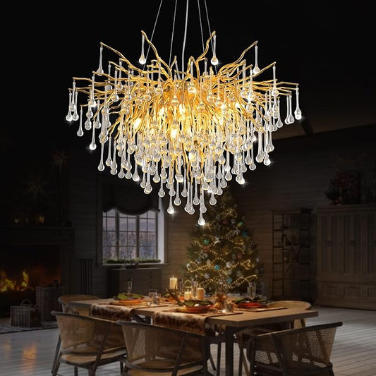 24 Inch Gold Chandelier,Modern Crystal Chandeliers for Dining Room,Round Branch Chandelier,Mini Ceiling Pendant Hanging Light Fixtures for Living Room,Bedrooms,Kitchen Island 8-Light