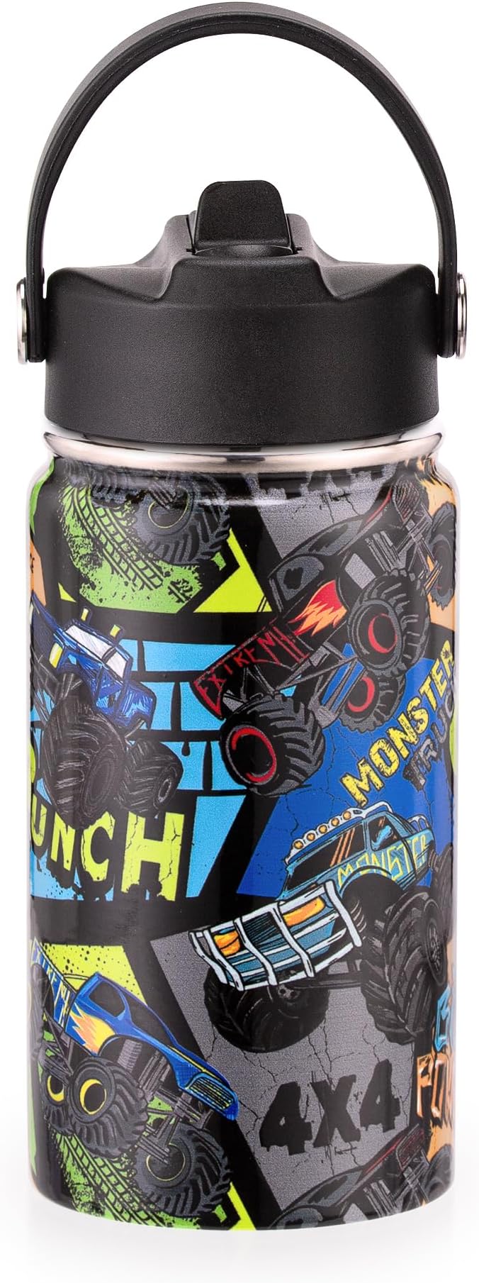 12oz Kids Insulated Water Bottle with Flip Straw & Big Handle, Monster Truck, Double Wall 18/8 Stainless Steel, Leakproof Gift for Kids Boys to School Travel Sports, Hands Wash Only, Black