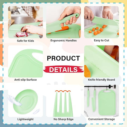 TJ POP Knives for Kids, 6 Pcs Kids Knives Set for Real Cooking, Safe Kitchen Knives Set for Children, Toddler Knife with Cutting Board & Dishes, Kids' Baking Supplies, BPA-Free (Green)