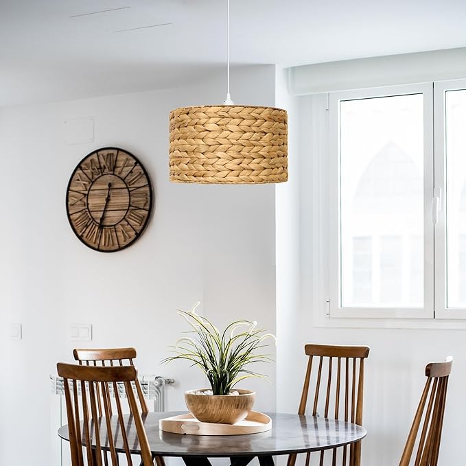 Rattan Pendant Light - Drum Pendant Lights for Home Decor - Natural Woven Pendant Light; Wicker Pendant Light for Dining Room, Kitchen Island