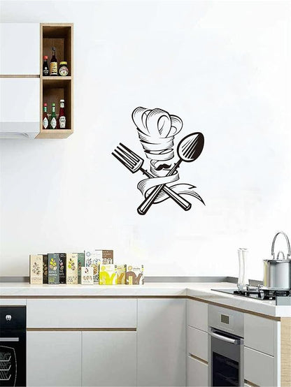 Whimsical Chef Wall Sticker: Kitchen Wall Art with Fork, Spoon, Chef Hat - Vinyl Décor Decal to Spruce Up Your Home Mural - Add a Touch of Culinary Charm Effect 17"x19"inch(Black-JZY048-Chef)