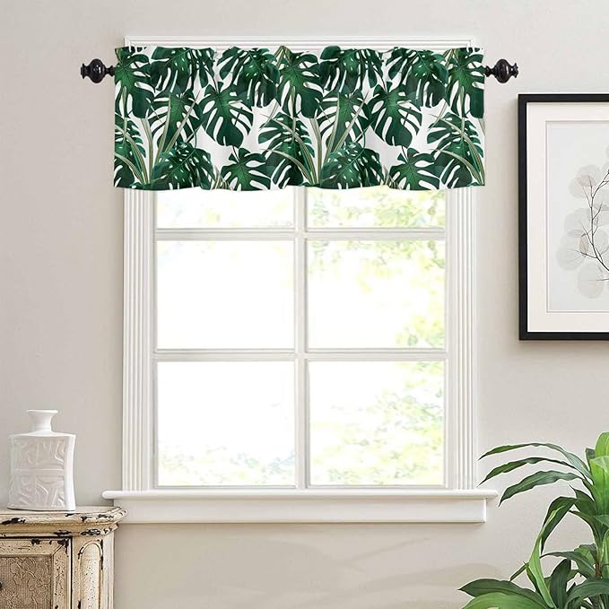 Summer Tropical Plant Valance Curtains for Kitchen Window, Green Monstera Leaves Rod Pocket Valances Window Treatments Monstera Short Curtains for Bedroom/Living Room,54" X 18" -1 Panel,