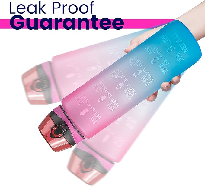 2 PACK: 32 Oz Water Bottle with Time Marker - Motivational Gym Water Bottle with Strap & Holder for Everyday Use | Water Bottles with Times to Drink | Big Water Bottle with Straw, Leak Proof & Durable