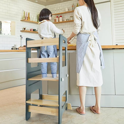 WOOD CITY Kitchen Step Stool - Safe Montessori Standing Tower for Kids with Safety Rail, Height Adjustable Toddler Ideal Helper for Learning New Skills, Anti-Slip Protection for Bathroom - Deep Blue