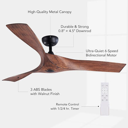 VONLUCE 52" Industrial Ceiling Fan No Light with Remote Control, Mid Century Ceiling Fans with 3 Walnut ABS Blades DC Motor, Indoor Ceiling Fan for Kitchen Bedroom Living Room, Walnut