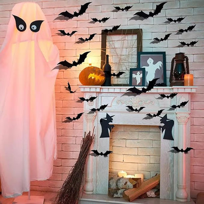 48 Pcs Halloween Wall Decor 3D Bats Wall Decals Removable Rose Pink Black Designs DIY Halloween Decorations Stereo Bats Wall Stickers for Halloween Party Indoor Home Kitchen Bedroom Decorations