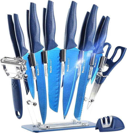 Wanbasion 16pcs Blue Kitchen Knife Set with Block, Stainless Steel Knives Set for Kitchen, Professional Chef Knife Sets for Kitchen with Sharpener Acrylic Block