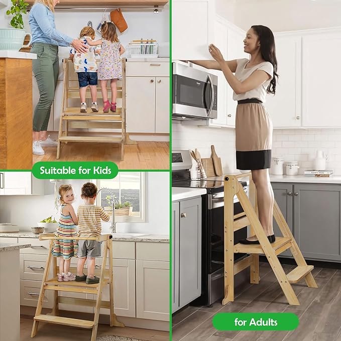 Toddler Tower for 2 Kids Foldable, Montessori Kitchen Standing Tower for Twin Toddlers 1-3, Step Stool with 3 Adjustable Heights & Chalkboard, Baby Helper Tower for Counter Bathroom Sink