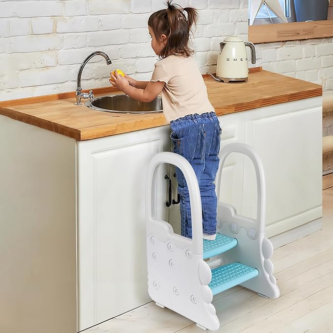 2024 New Step Stool for Kids, Plastic Toddler Nursery 2 Step Stools for Bathroom Sink, Toilet Potty Training, Toddler Stepping Stool Kitchen Helper with Handrails