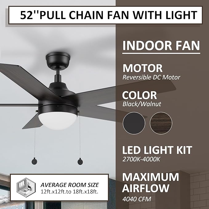 52 Inch Black Pull Chain Ceiling Fan with 2 in 1 Reversible Blade, 3-color LED Light, 5 Speeds Quiet Reversible DC Motor, 5 Plywood Blades Modern Ceiling Fan for Living Room, Bedroom, Kitchen